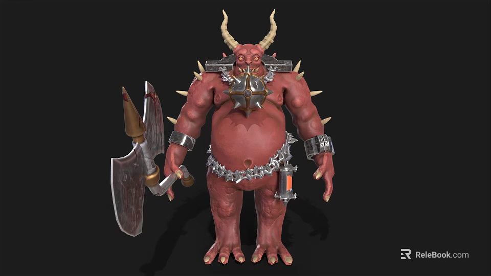 Red Horned Demon Character Holding Giant Axe With Spiked Armor And Chain 3d model 
