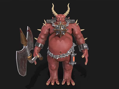 Red Horned Demon Character Holding Giant Axe With Spiked Armor And Chain 3d model