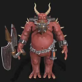 Red Horned Demon Character Holding Giant Axe With Spiked Armor And Chain