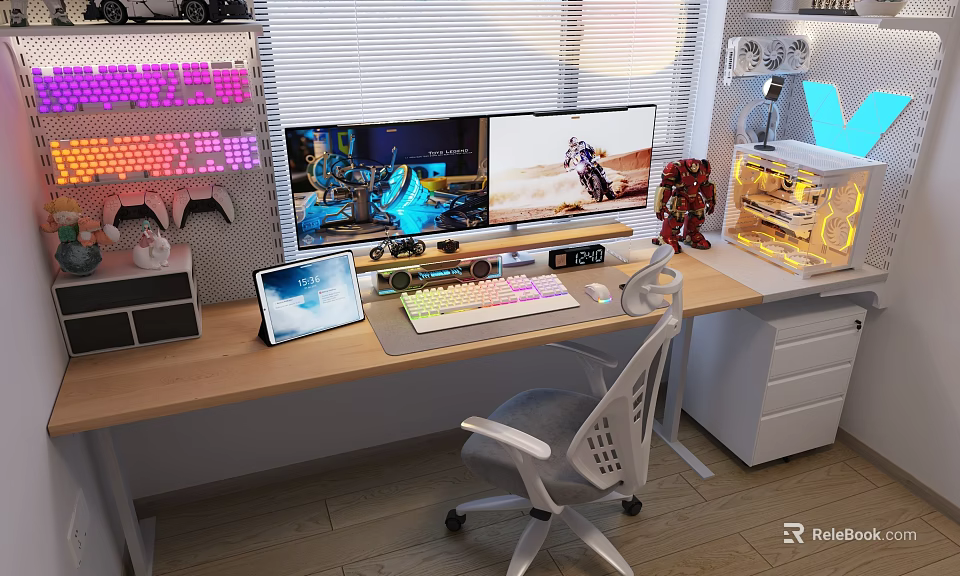 Modern Study Room Interior With Wooden Desk Dual Monitors Ergonomic Chair And RGB Keyboard 3d model 