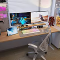 Modern Study Room Interior With Wooden Desk Dual Monitors Ergonomic Chair And RGB Keyboard