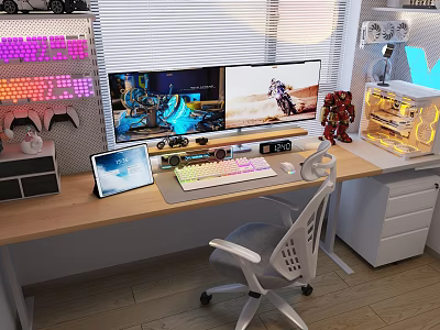 Modern Study Room Interior With Wooden Desk Dual Monitors Ergonomic Chair And RGB Keyboard 3d model