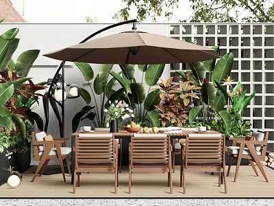Elegant Outdoor Table Setup On Patio With Umbrella Wooden Chairs And Lush Green Plants 3d model