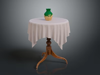 Round Wooden Table With White Fringed Tablecloth And Green Beige Vase 3d model