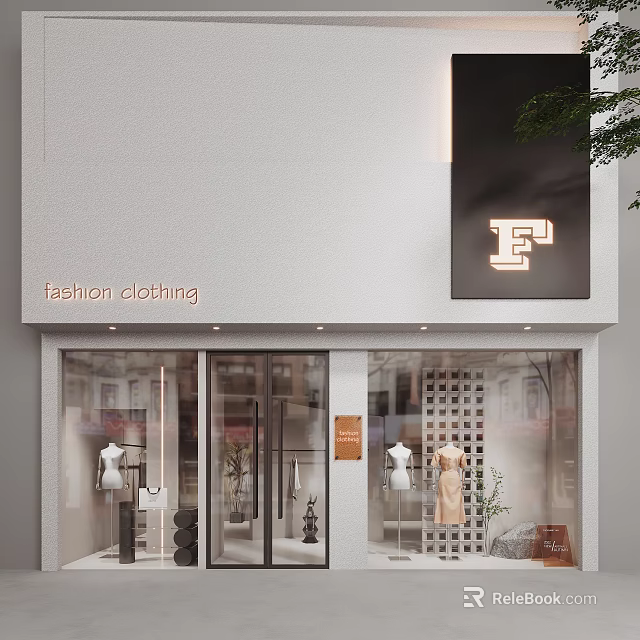 Modern Fashion Clothing Storefront With F Logo Glass Doors And Window Mannequins 3d model 