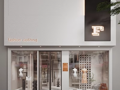 Modern Fashion Clothing Storefront With F Logo Glass Doors And Window Mannequins 3d model