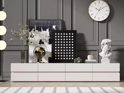 Modern White TV Stand with Globe Artwork Clock Statue and Green Plant on Gray Wall 3d model