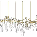 Stylish Modern Chandelier With Golden Frame And Multiple White Teardrop Pendants