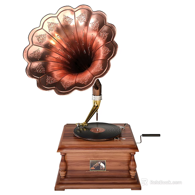 Vintage Phonograph Featuring Ornate Copper Horn And Solid Wooden Base Turntable 3d model 