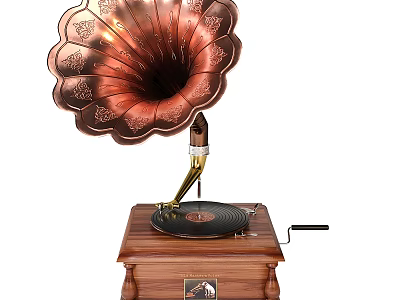 Vintage Phonograph Featuring Ornate Copper Horn And Solid Wooden Base Turntable 3d model