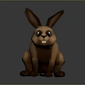 Brown Cartoon Rabbit 3D Model Sitting with Large Ears Black Eyes on Reflective Gray Background