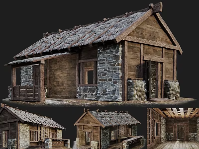 Traditional Ancient Architecture With Thatched Roof Stone Walls And Wooden Interior Structure 3d model