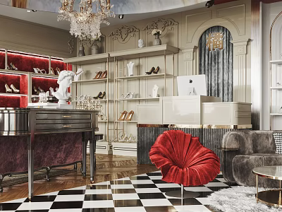 Elegant Boutique Interior With Shoe Display Shelves Red Velvet Chair Checkered Floor And Chandelier 3d model