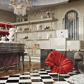 Elegant Boutique Interior With Shoe Display Shelves Red Velvet Chair Checkered Floor And Chandelier