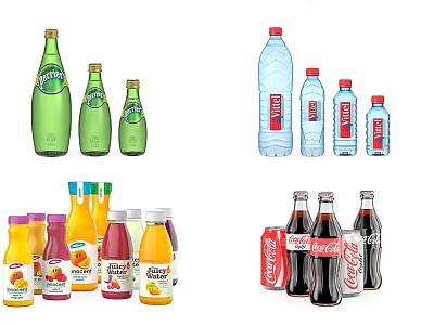 Assorted Bottled And Canned Beverages Including Mineral Water Fruit Juices And Carbonated Drinks 3d model
