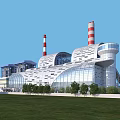Aerial View Of Industrial Plant With Tall Chimneys Surrounding Greenery And Waterfront Facilities