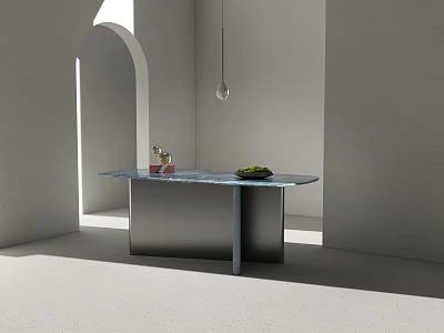 Modern Minimalist Dining Table With Marble Top Pendant Light Arched Doorway And Fruits 3d model