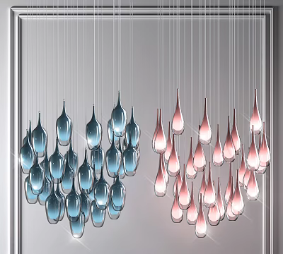 Modern Crystal Chandelier Featuring Teardrop Shaped Blue And Pink Pendants Hanging From Ceiling 3d model