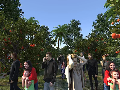 Scenic Garden Landscape Featuring Fruit Trees Palm Trees and People Enjoying Leisure Under Blue Sky 3d model