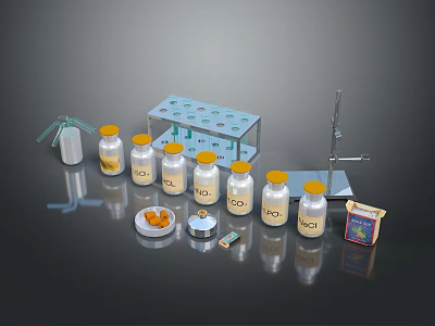 Household Supplies Featuring Yellow Lid Bottles Orange Granules Small Dishes And Storage Boxes 3d model