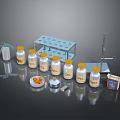 Household Supplies Featuring Yellow Lid Bottles Orange Granules Small Dishes And Storage Boxes