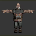 Game Movie Character With Elderly Bald Head Large Beard Striped Shirt Gray Vest Brown Belt Boots