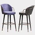 Modern Fabric Upholstered Gray and Purple Bar Stools with Armrests Black Legs and Copper Accents