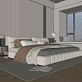 Modern Bedroom Interior With Upholstered Bed Striped Accent Wall And Window Blinds