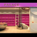 Modern Elegant Boutique Interior With Circular Light Strip Ceiling Pink Curved Shelves White Sofa And Mirrors