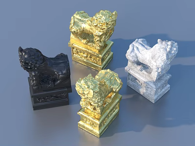 Traditional Lion Sculpture Carvings with Black Gold Silver and Ornate Bases 3d model