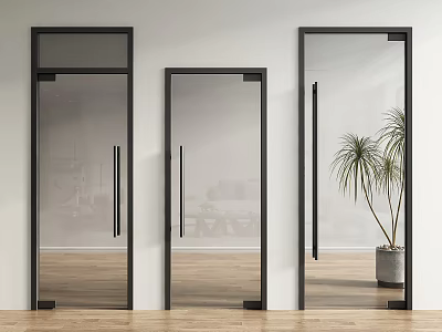 Three Black Frame Glass Doors With White Wall Wooden Floor And Green Plant 3d model