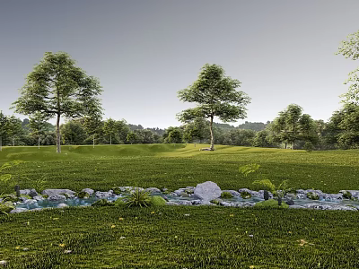 Scenic Microtopography Featuring Green Grass Trees Small Stream Stones And Distant Hills 3d model