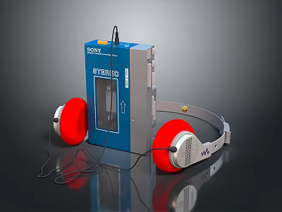 Modern Computer Setup Featuring Sony Walkman And Red Headphones 3d model