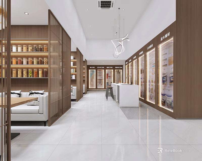 Modern Showroom Interior Design With Wooden Shelves Display Cabinets And Sofa 3d model 
