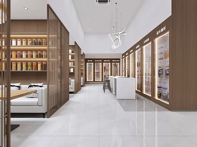 Modern Showroom Interior Design With Wooden Shelves Display Cabinets And Sofa 3d model