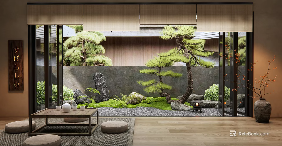 Japanese Style Courtyard Garden With Pine Tree Moss Stones Water Feature And Wooden Lantern 3d model 
