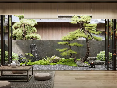 Japanese Style Courtyard Garden With Pine Tree Moss Stones Water Feature And Wooden Lantern 3d model
