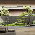 Japanese Style Courtyard Garden With Pine Tree Moss Stones Water Feature And Wooden Lantern