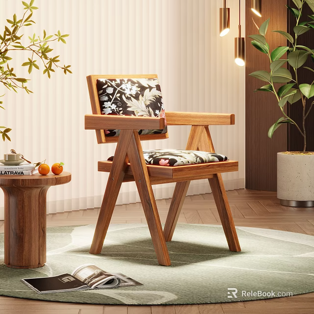 Modern Wooden Accent Chair With Floral Cushion In Indoor Setting With Side Table Plants 3d model 