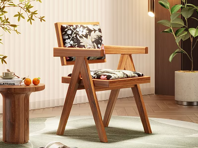 Modern Wooden Accent Chair With Floral Cushion In Indoor Setting With Side Table Plants 3d model