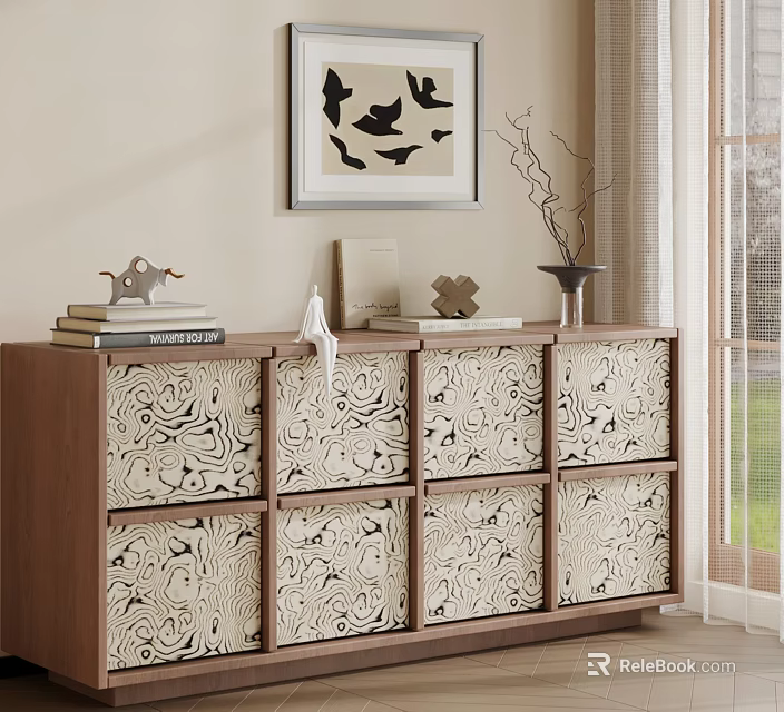 Modern Wooden Entryway Cabinet Sideboard With Patterned Drawers And Decorative Items 3d model 