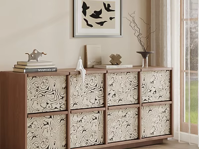 Modern Wooden Entryway Cabinet Sideboard With Patterned Drawers And Decorative Items 3d model