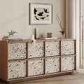 Modern Wooden Entryway Cabinet Sideboard With Patterned Drawers And Decorative Items