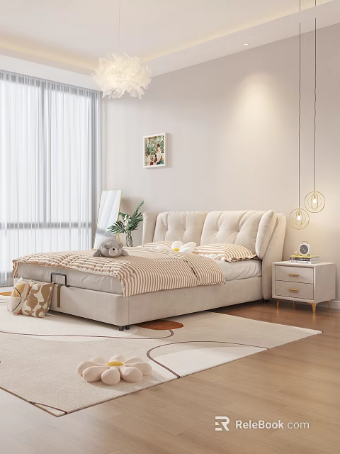 Cozy Double Bed In Light Filled Bedroom With Nightstand And Decor 3d model 