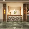 Traditional Teahouse Interior Design With Wooden Front Desk Stone Countertop Green Plant And Warm Lighting