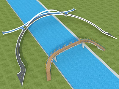 Modern Arch Bridge And Wooden Footbridge Over Blue River In Green Landscape 3d model