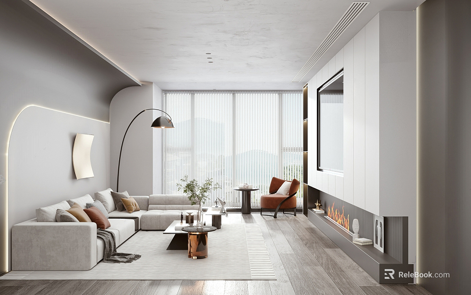 Modern Living Room Interior Design With Sofa Floor Lamp Large Windows Blinds And Mountain View 3d model 