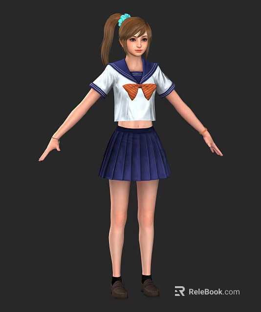 Game Movie Character Wearing White Sailor Top With Orange Bow And Blue Pleated Skirt 3d model 