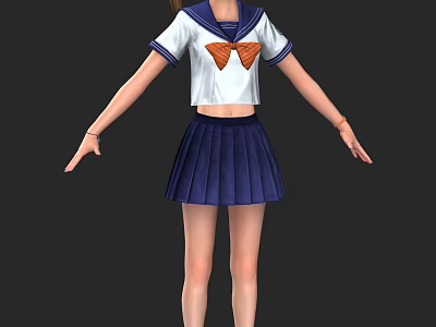 Game Movie Character Wearing White Sailor Top With Orange Bow And Blue Pleated Skirt 3d model