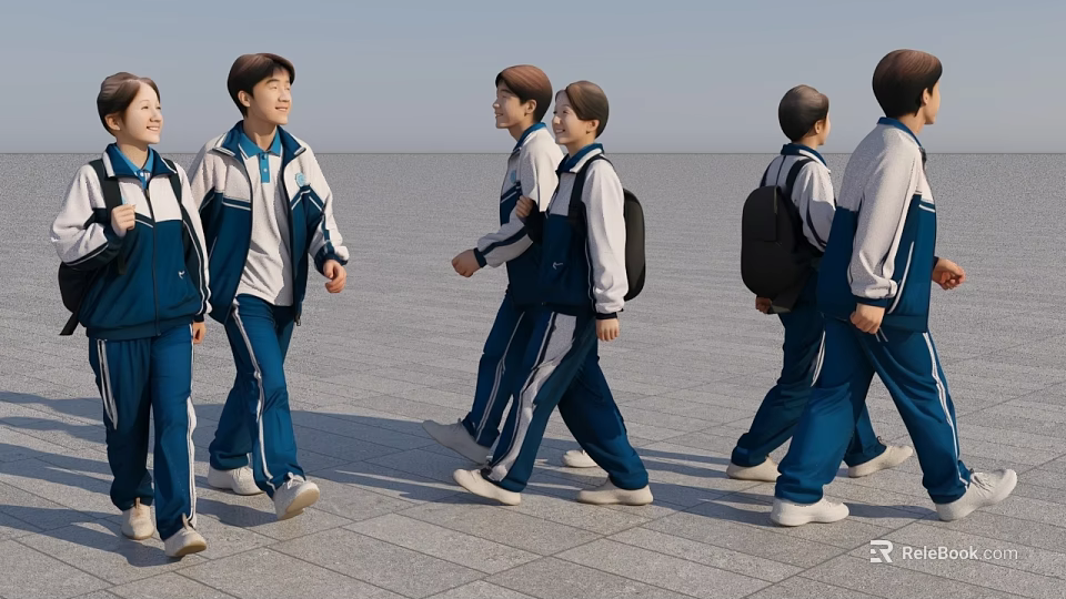 Two Students Walking Together in Blue and White School Uniforms on Paved Ground 3d model 